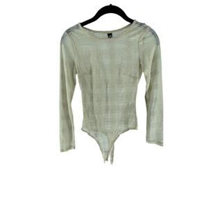 Windsor White Semi-Sheer Plaid Long Sleeve One-Piece Bodysuit Women's Medium